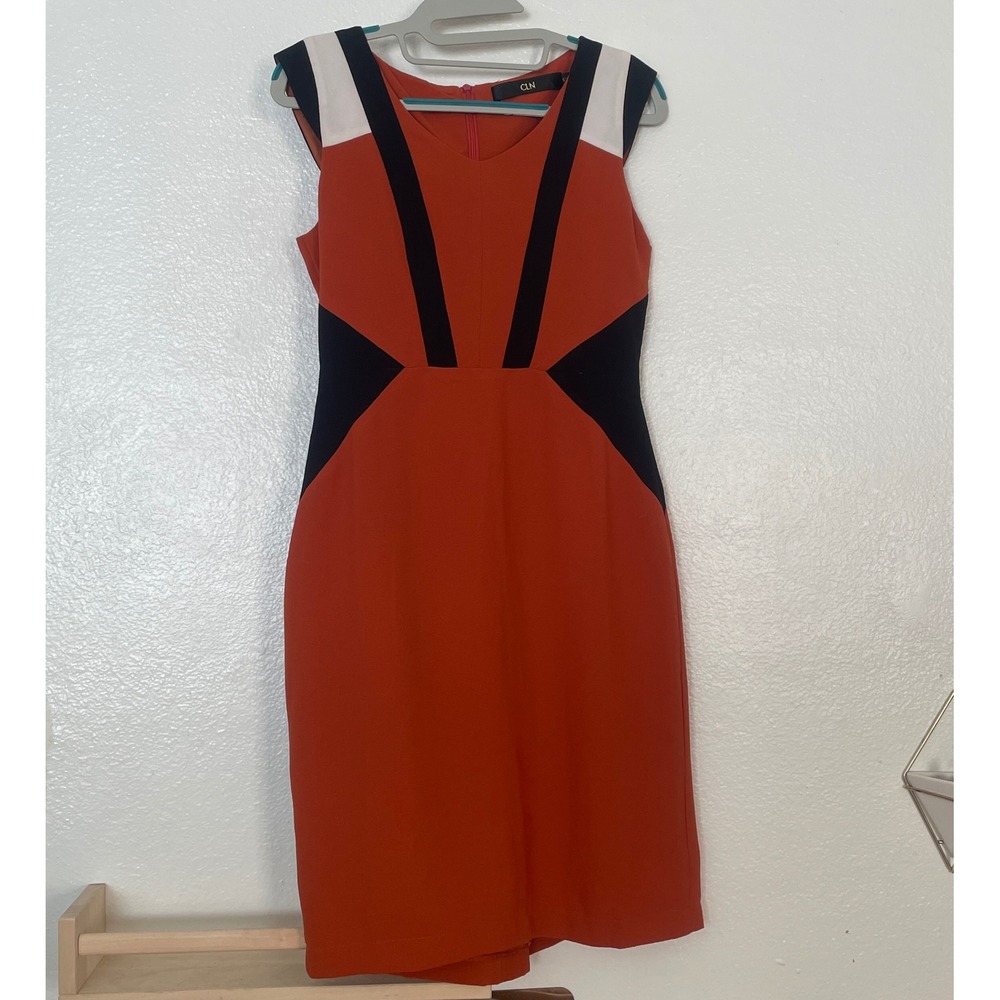 CLN Womens Rust Orange Geometric Colorblock Sheath Dress V-Neck Size‎ S